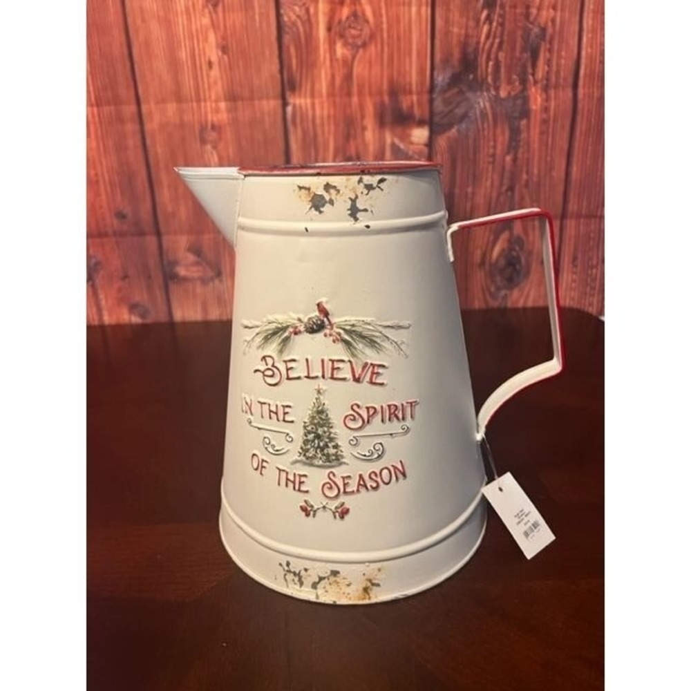 Believe In The Spirit Of The Season White Metal Pitcher With Holiday Design